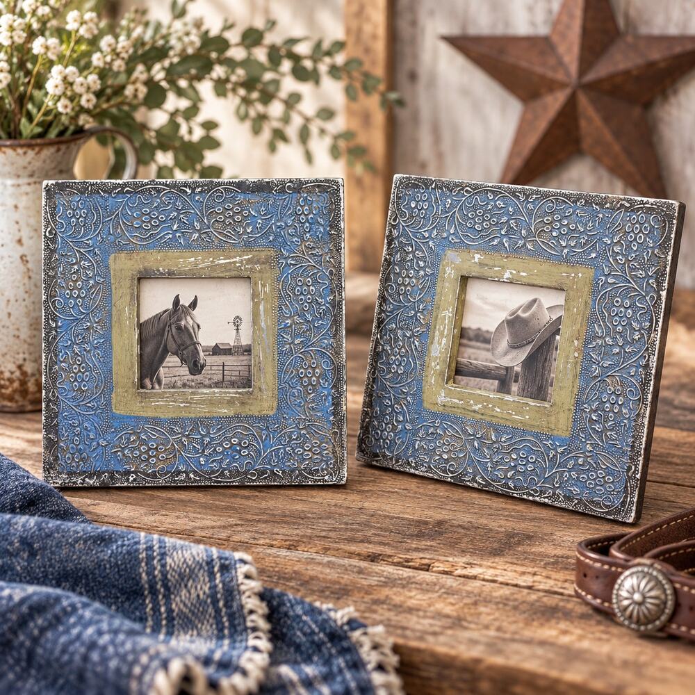 Threshold Set of 2 Distressed Blue Silver Photo Frames 8x8 Western Boho 3x3